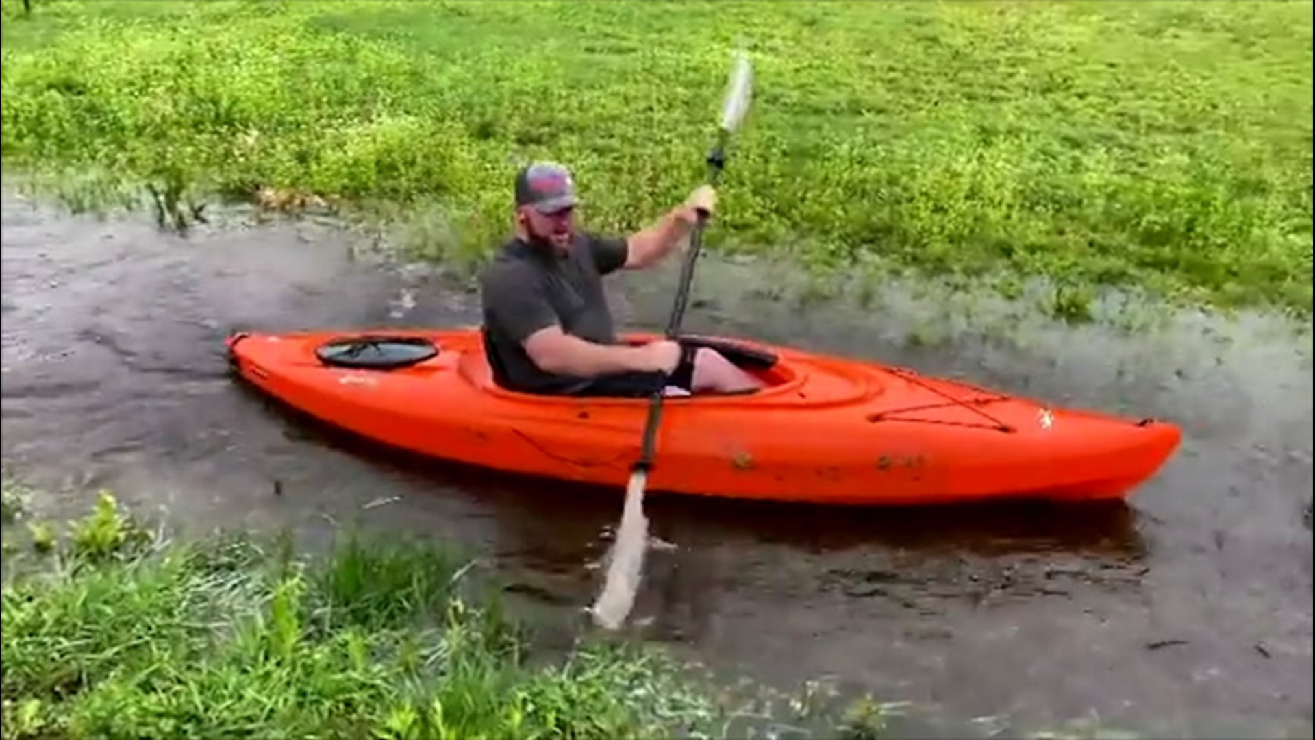 Heavy rainfall and flash flooding in your backyard? Sounds like a perfect time to go kayaking like these Jasper, Alabama, residents did on March 31.