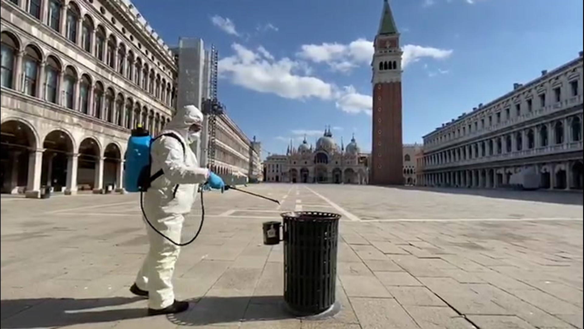 After the the third week of lockdown in Italy, efforts are being made to disinfect public areas in Venice, Italy, on March 27.
