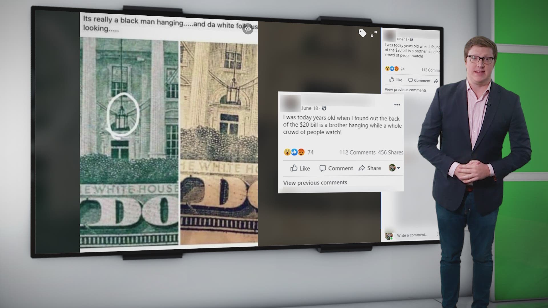 What is seen hanging from the White House on a 20 bill