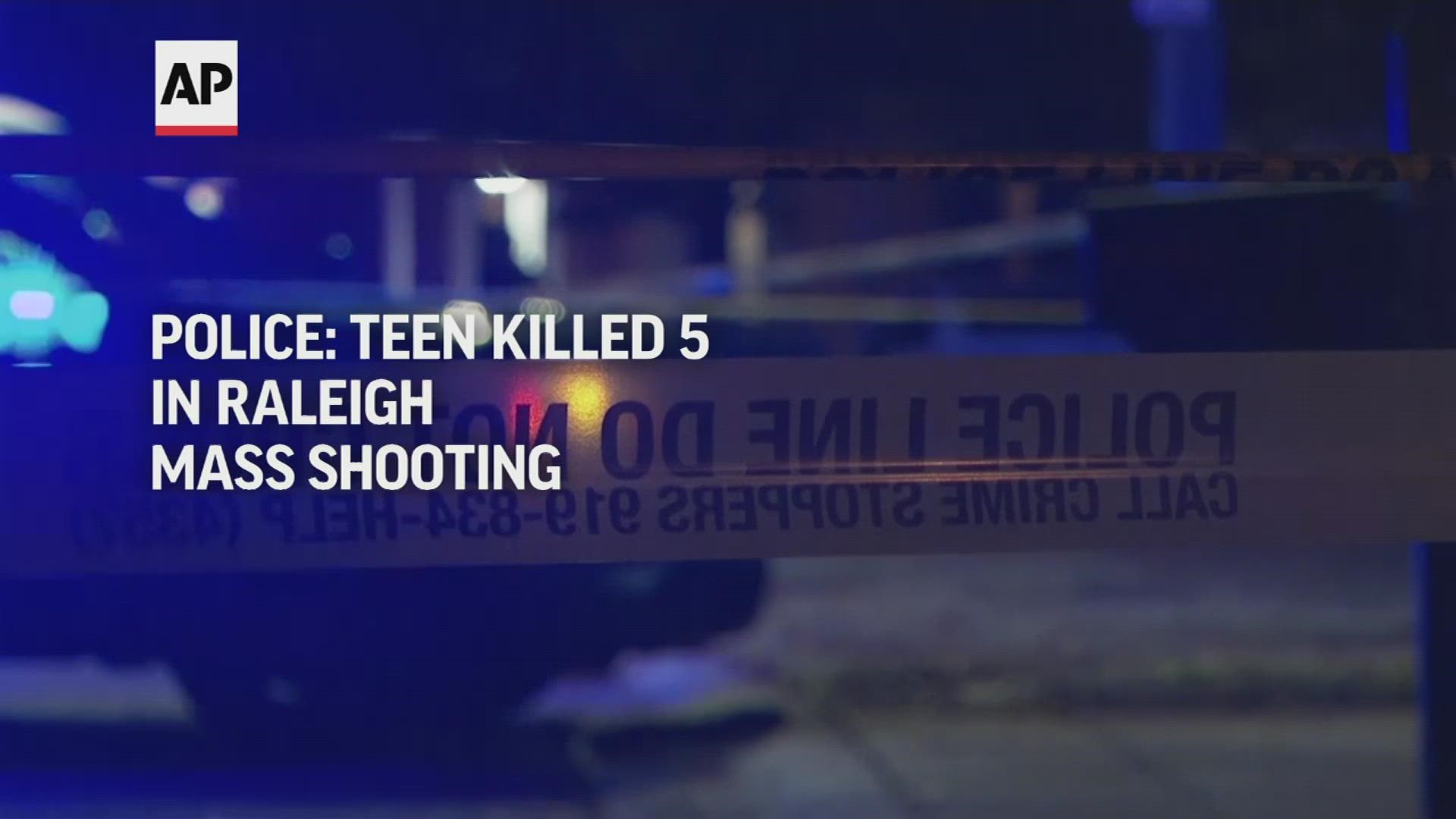 Police say a 15-year-old fatally shot two people in the streets of a neighborhood in North Carolina's capital city, then fled to a walking trail and killed 3 others.