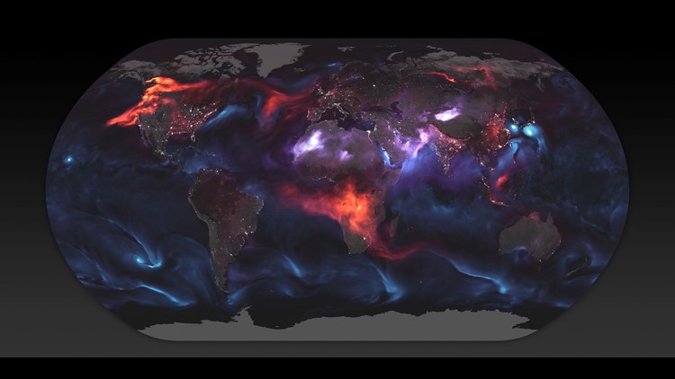 The model Goddard Earth Observing System Forward Processing uses satellite and sensor data to show aerosol in the atmosphere