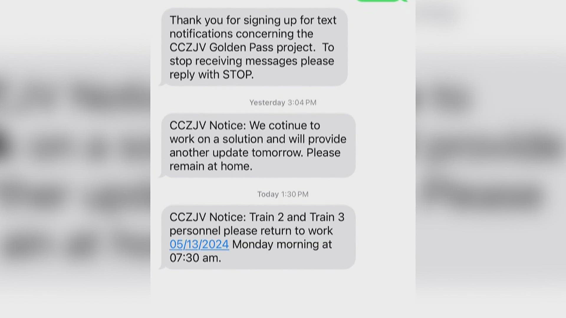 A text message sent to employees specified that only those who work on Train 2 and Train 3 can return to work.