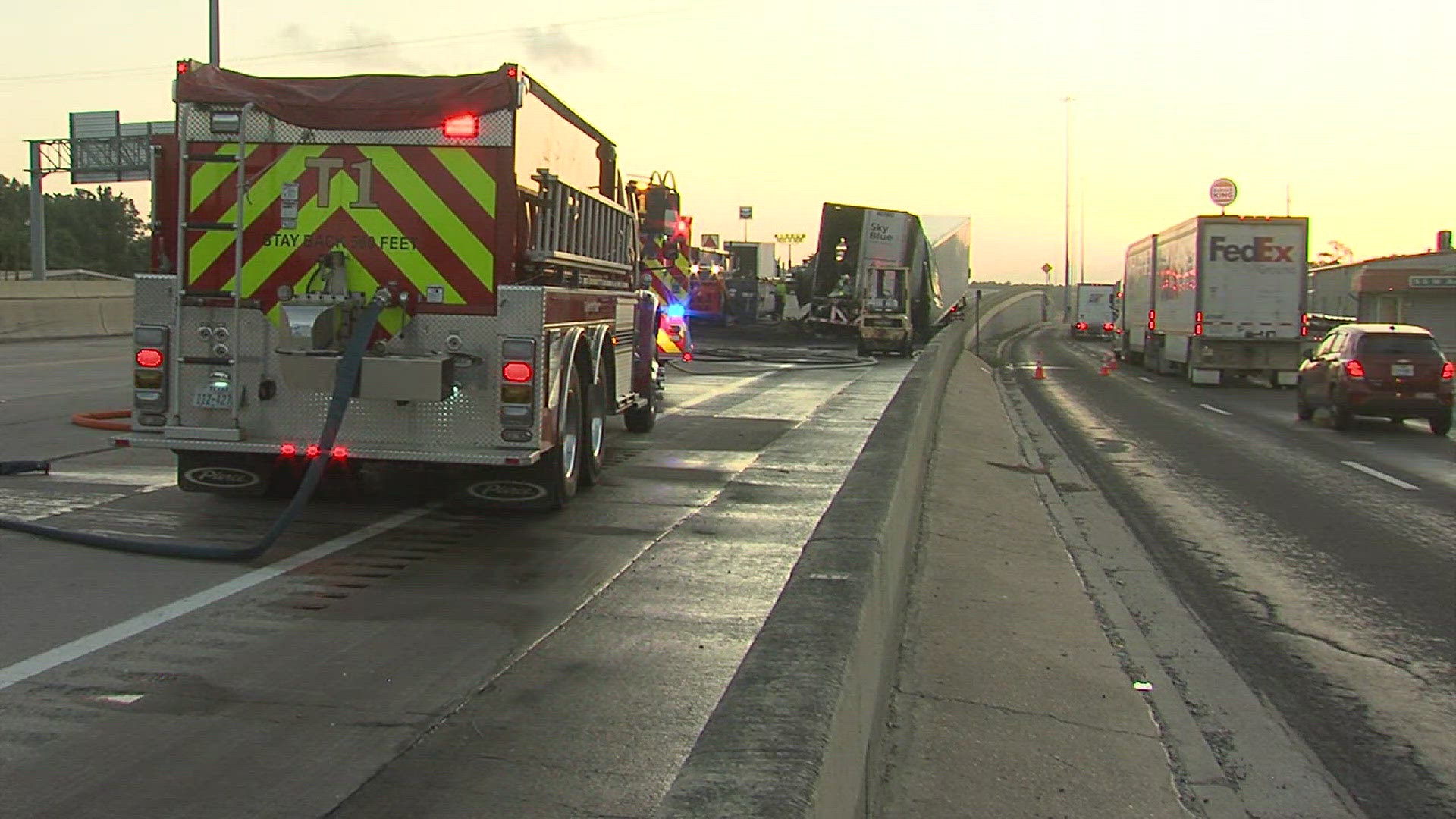 Firefighters and Vidor Police officers are on the scene of an 18-wheeler fire that has forced the shutdown of the eastbound lanes of Interstate 10.