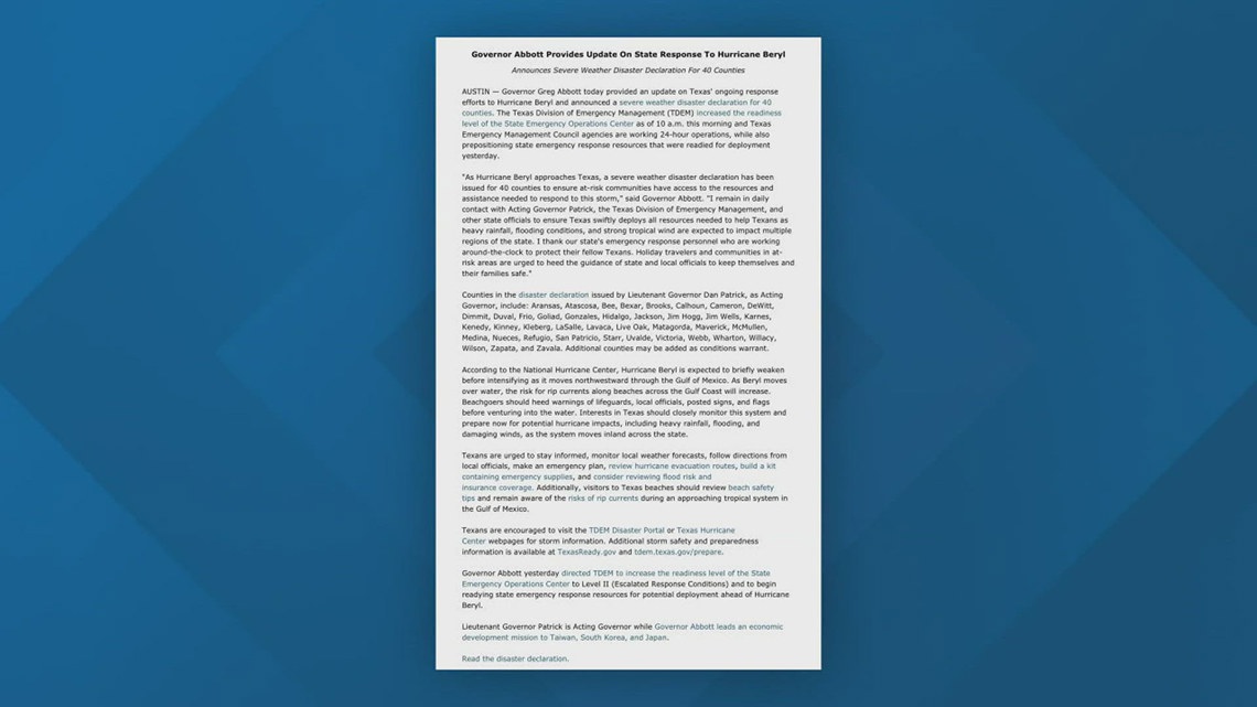 Lieutenant Governor Dan Patrick issues disaster declaration for 40 ...
