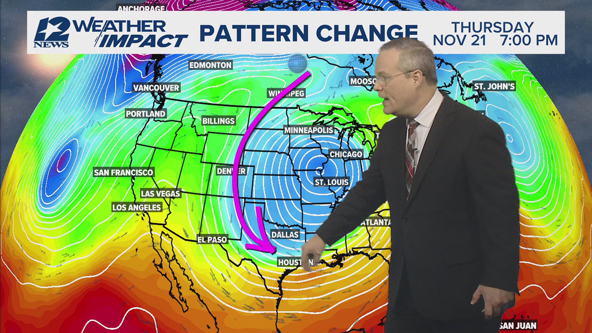 Winds aloft will change early next week due to a pattern change which will user in a Canadian cold front.