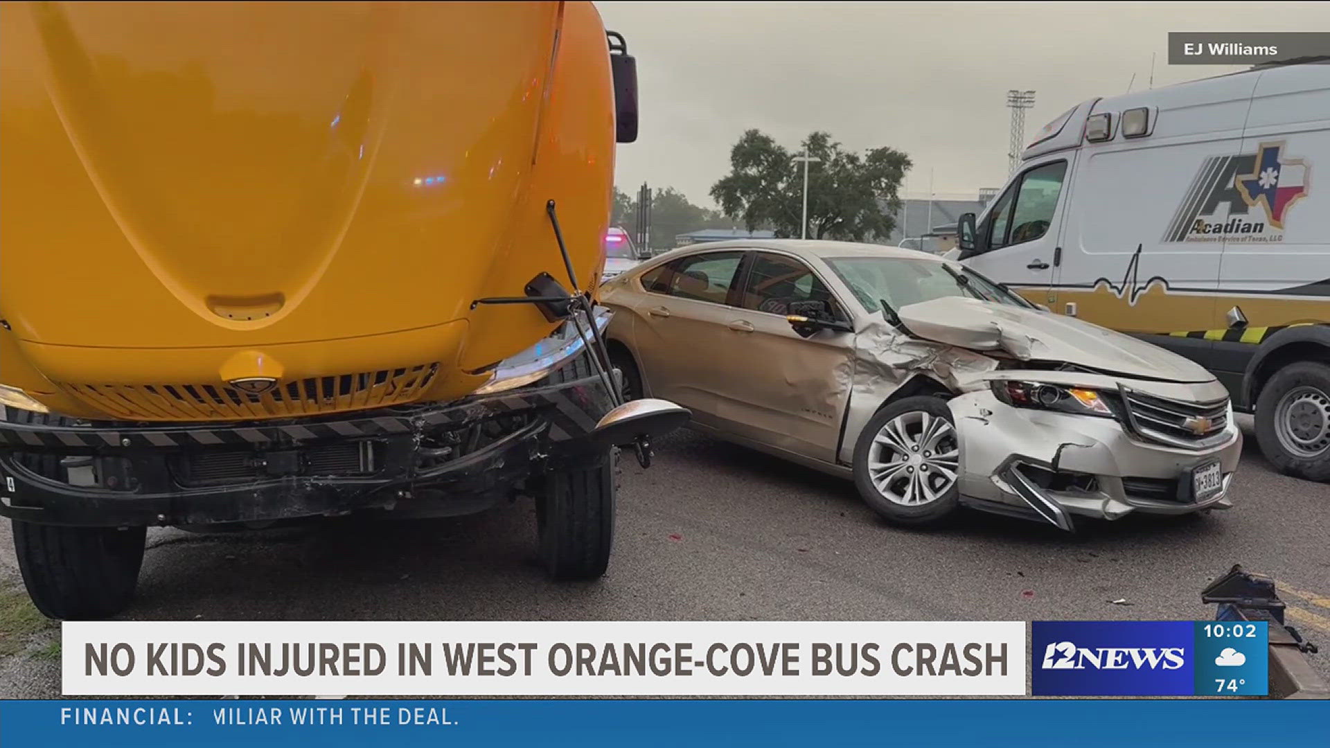 Officials say a car pulled in front of the bus while pulling out of the high school. One person was taken to the hospital and no kids were injured.