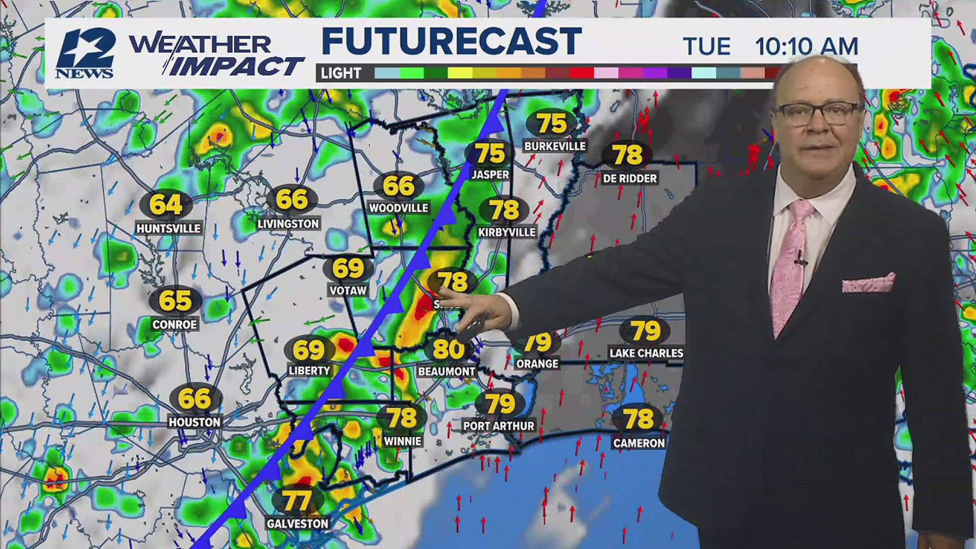 Rain and a few storms Tuesday as a weak cold front moves across the area.