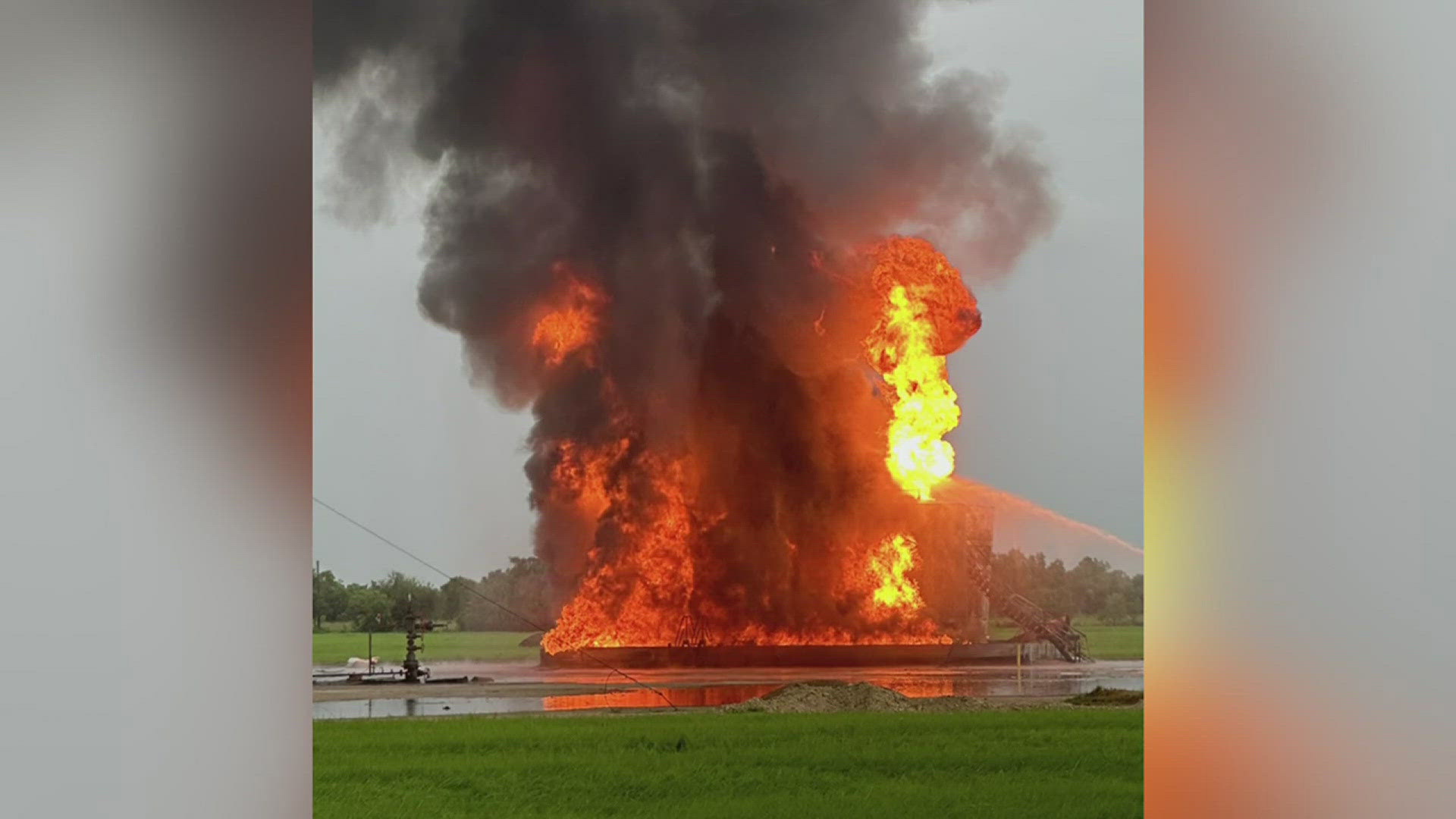 Officials believe the fire was started when lightning struck one of four oil storage tanks at the site.