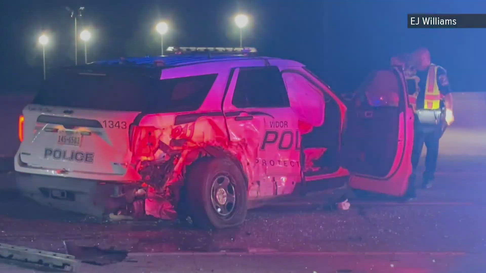 Troopers with the Texas Department of Public Safety are investigating after a Vidor Police car was struck late Monday night at an accident scene along Interstate 10.