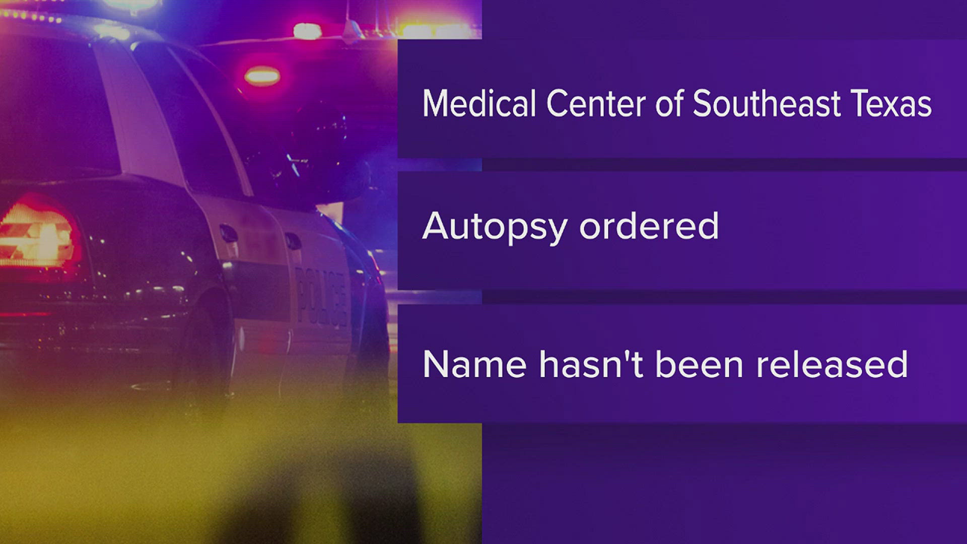 A person was brought to the Medical Center of Southeast Texas Emergency Room suffering from a gunshot wound.