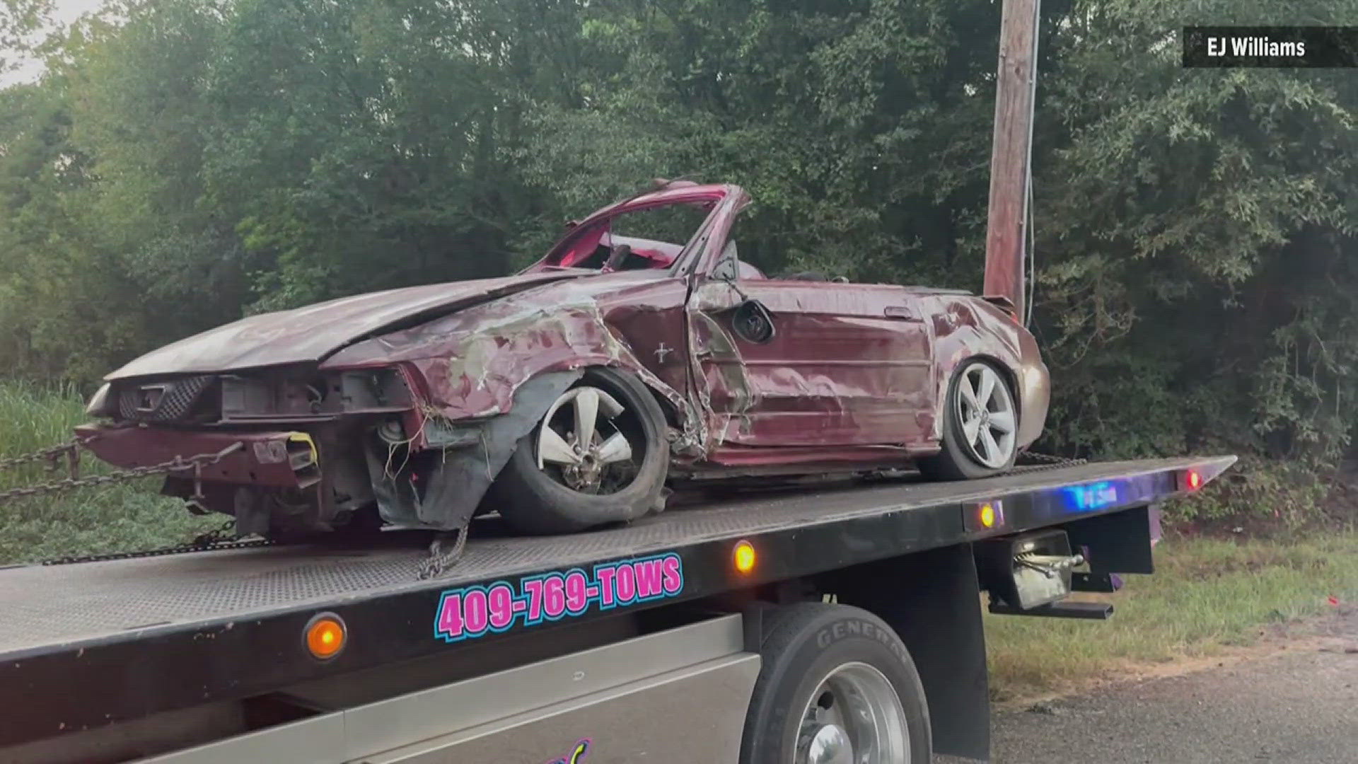 The crash reportedly happened at around 6:30 p.m. when a woman driving a Ford Mustang along Four Oaks Ranch Road veered off of the small, rural road.