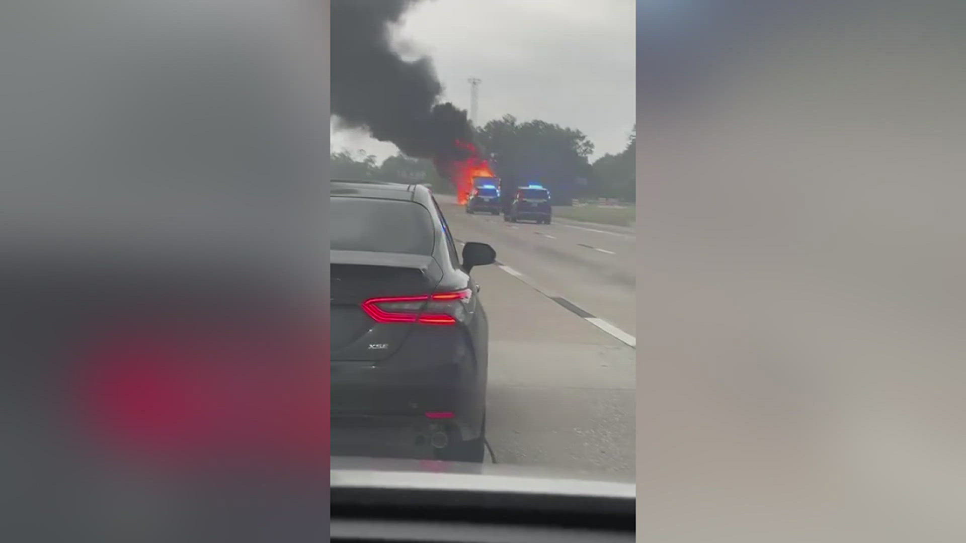 The driver of the truck made it out safely before it was engulfed in flames