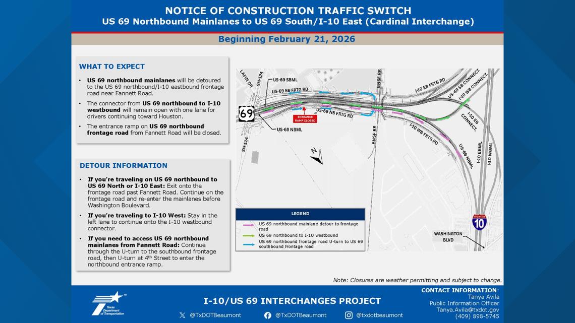 Traffic switch, lane closure scheduled for I-10/US 69 interchange project