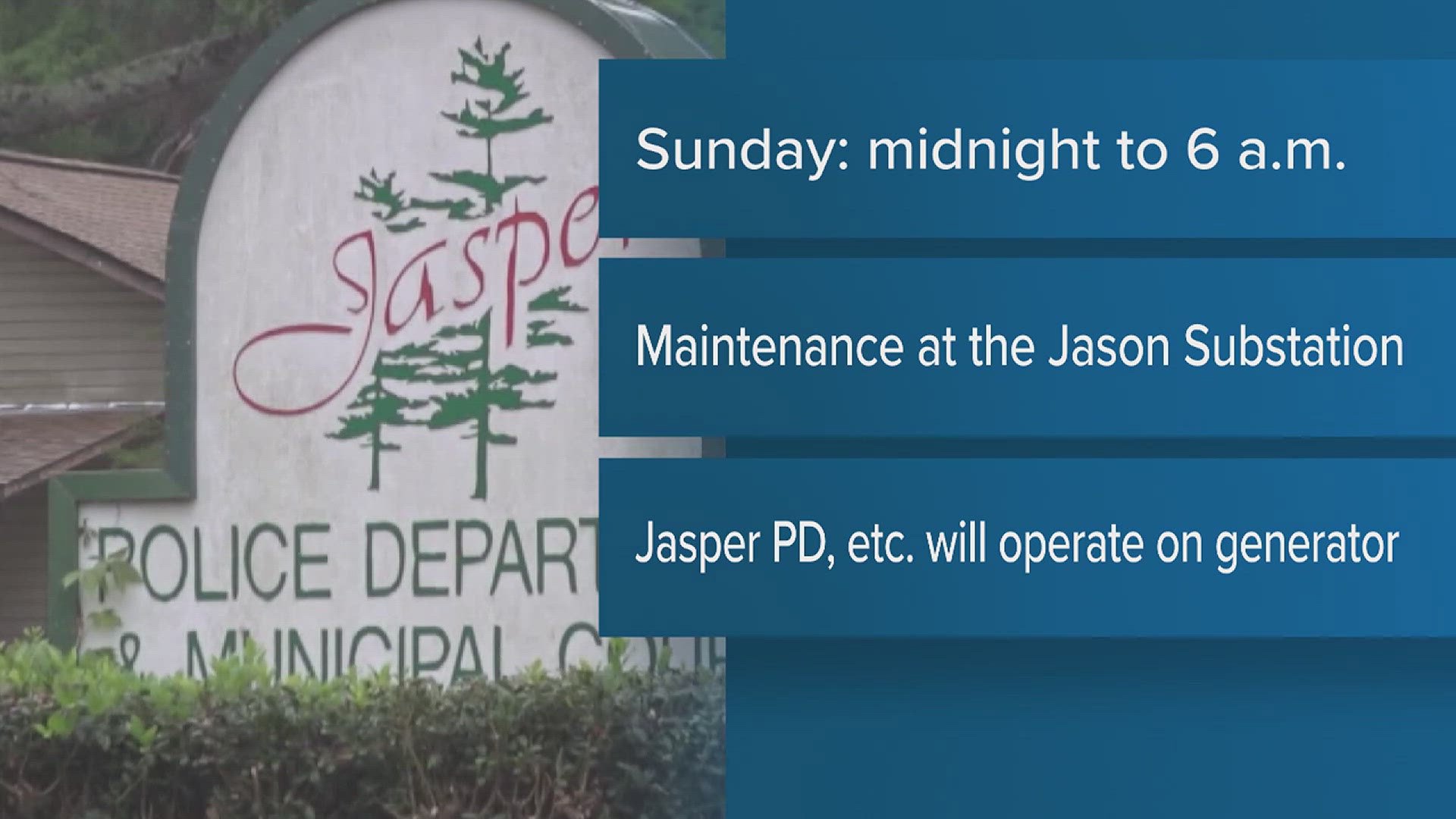 Jasper Mayor Anderson Land says the city will be shutting off power for scheduled maintenance from 12 a.m. to 6 a.m. Sunday, December 8.