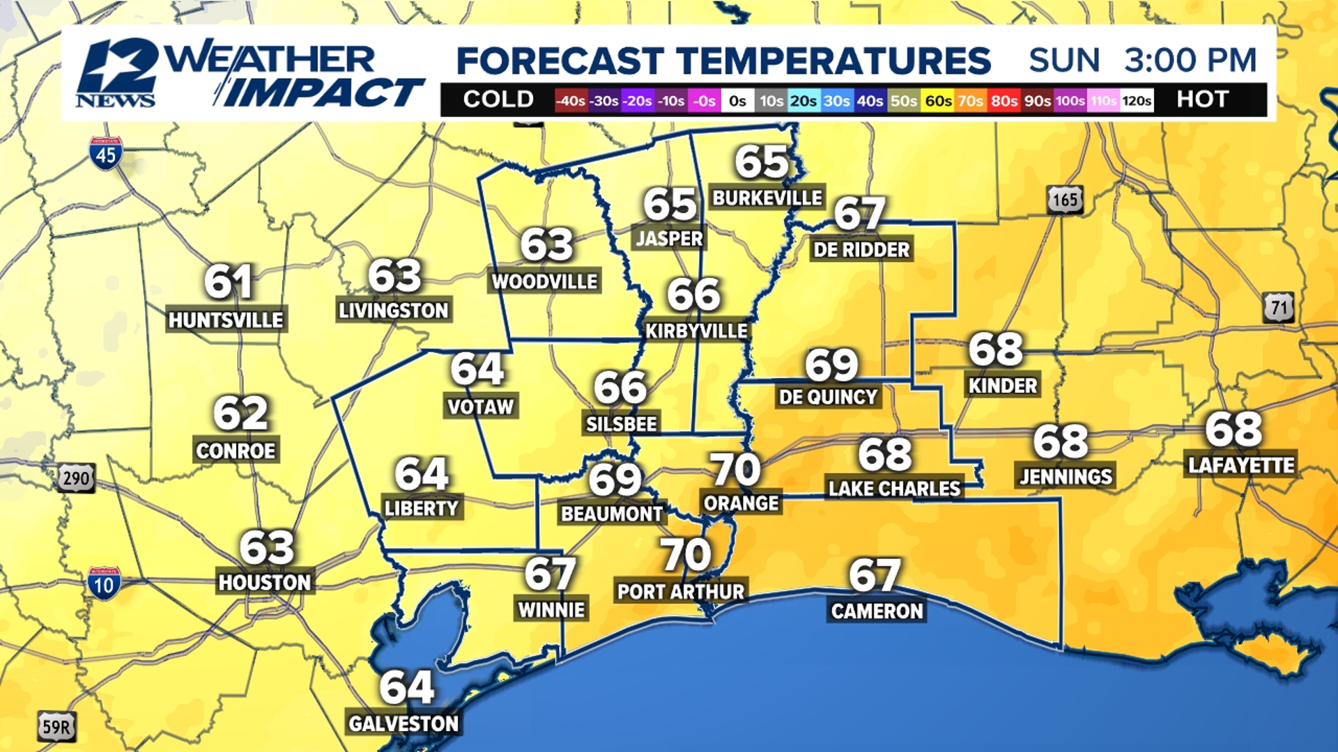 A crummy Sunday forecast is in store for Southeast Texas as a coastal low and warm front move northeast up the coast. Sunday looks warmer with showers