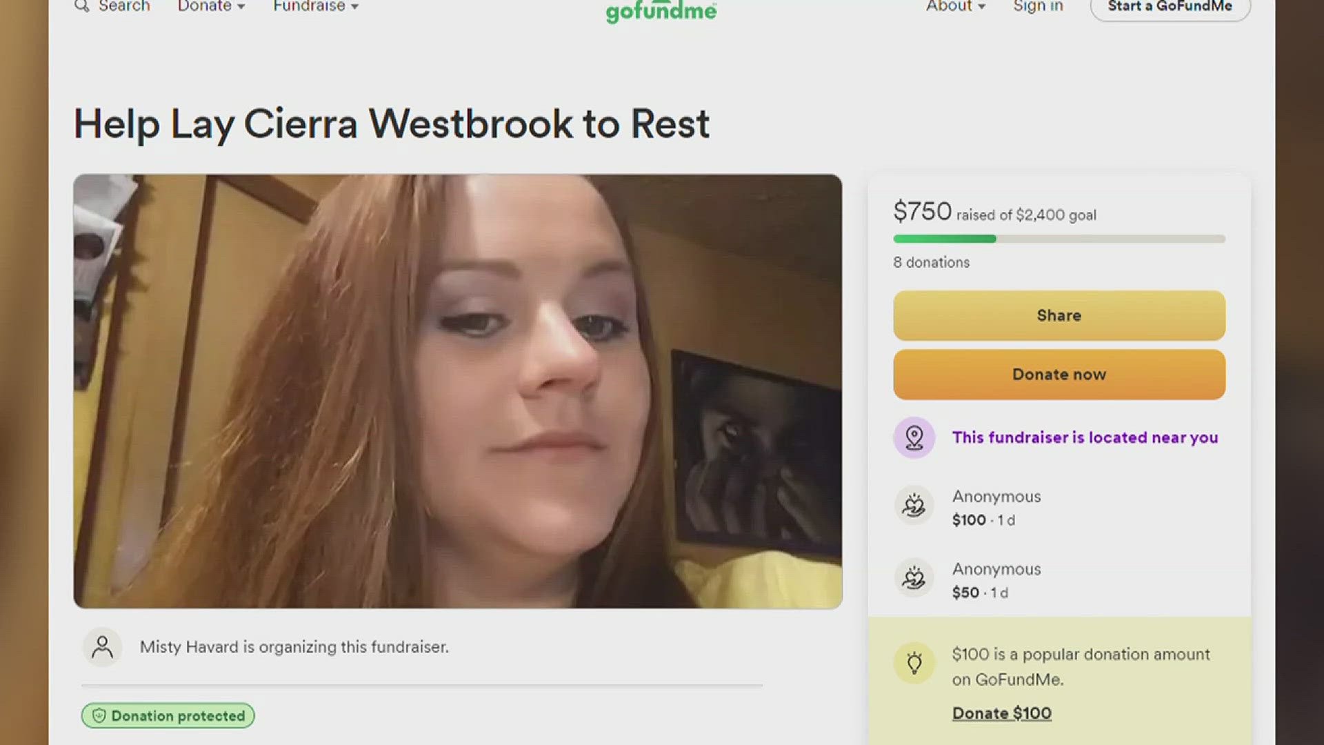 Cierra Westbrook's mother has started a GoFundMe to help pay for cremation expenses