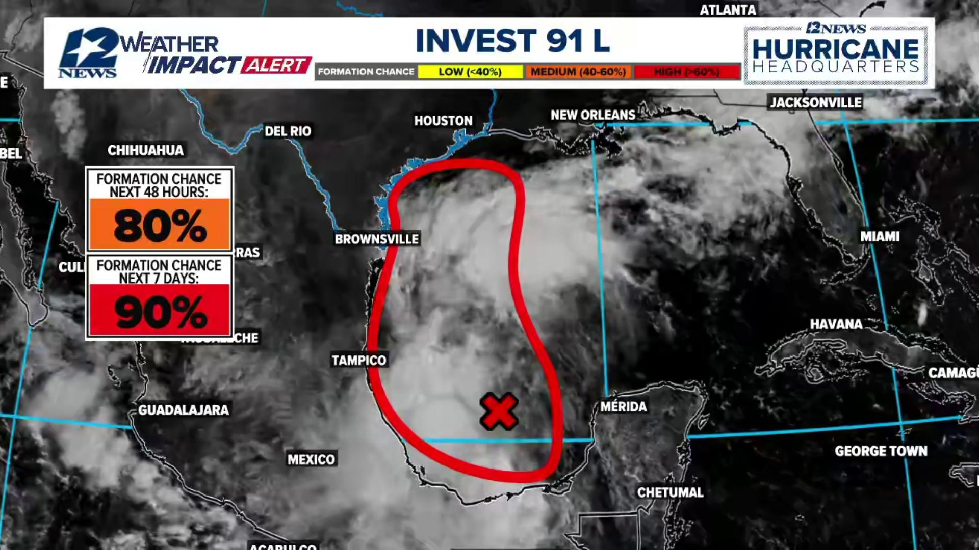 Showers and thunderstorms associated with Invest 91 L, in the Bay of Campeche (SW Gulf of Mexico) have increased.