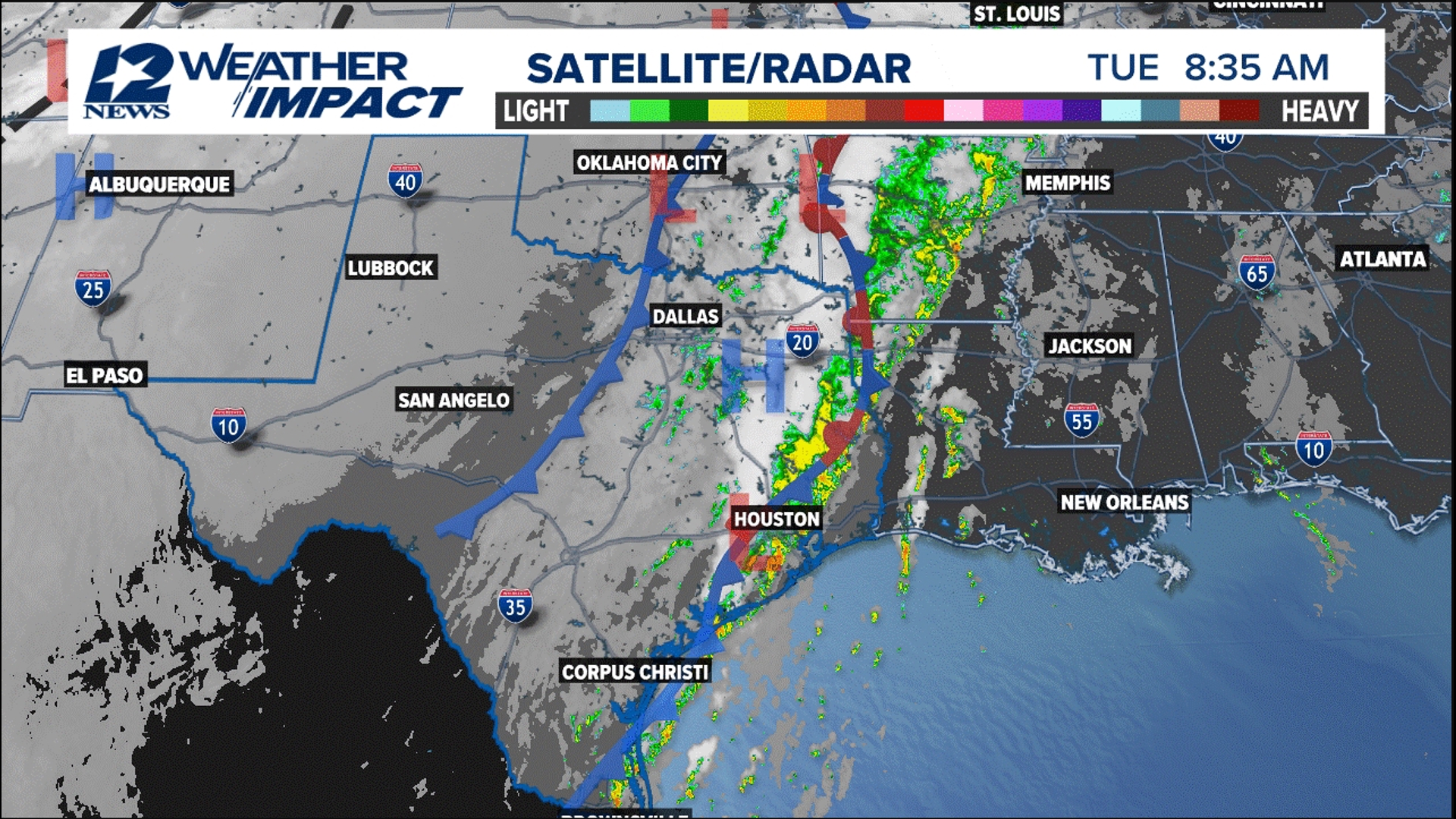 Numerous showers and a few thunderstorms are forecast this morning thanks to an approaching weak cold front.