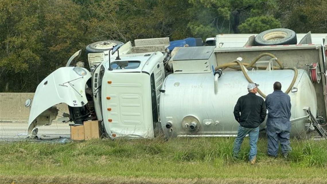 Flipped septic tank truck fouls traffic along Interstate 10 | 12newsnow.com