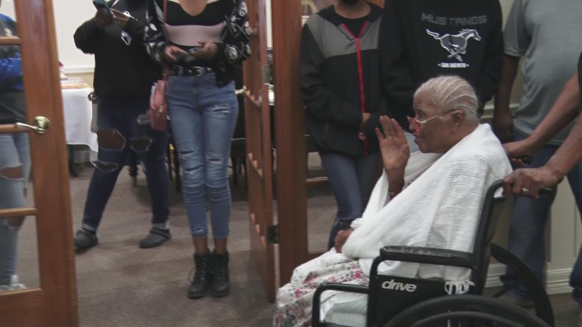 Family and friends gathered at the nursing home to surprise Thelma and celebrate her milestone birthday.