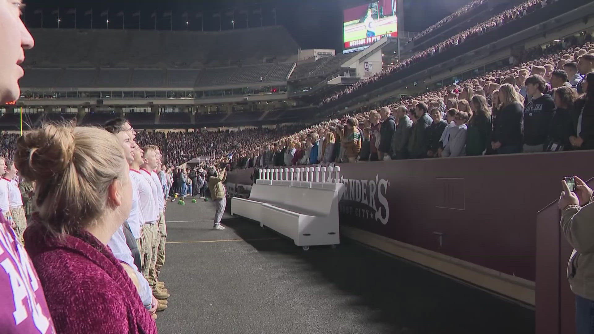 Aggies packed Kyle Field for yell practice Friday night. Texas A&M is facing Texas Saturday.