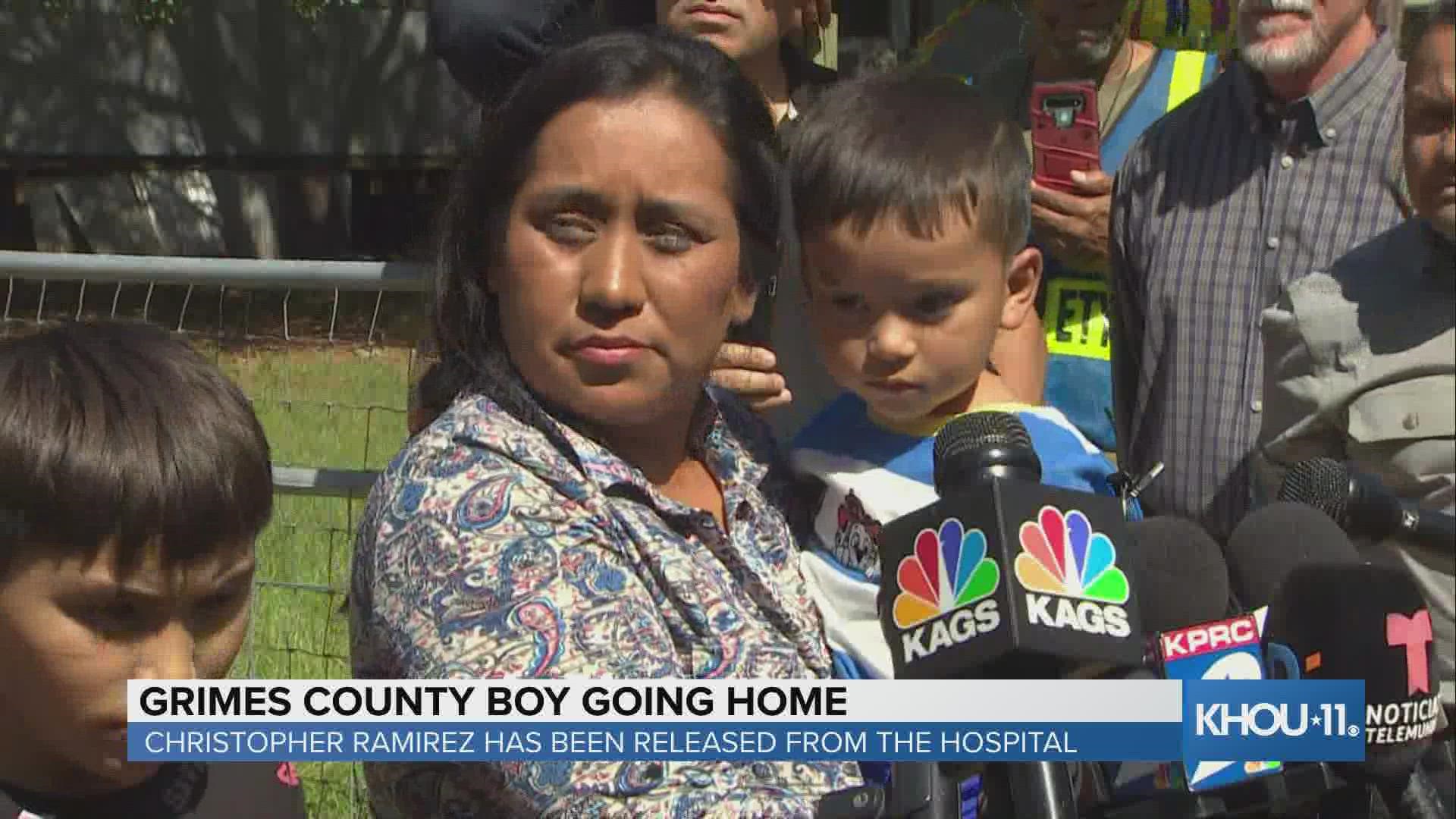 Christopher Ramirez, the Grimes County 3-year-old who was missing for nearly three days, is back home with his family after being released from hospital.