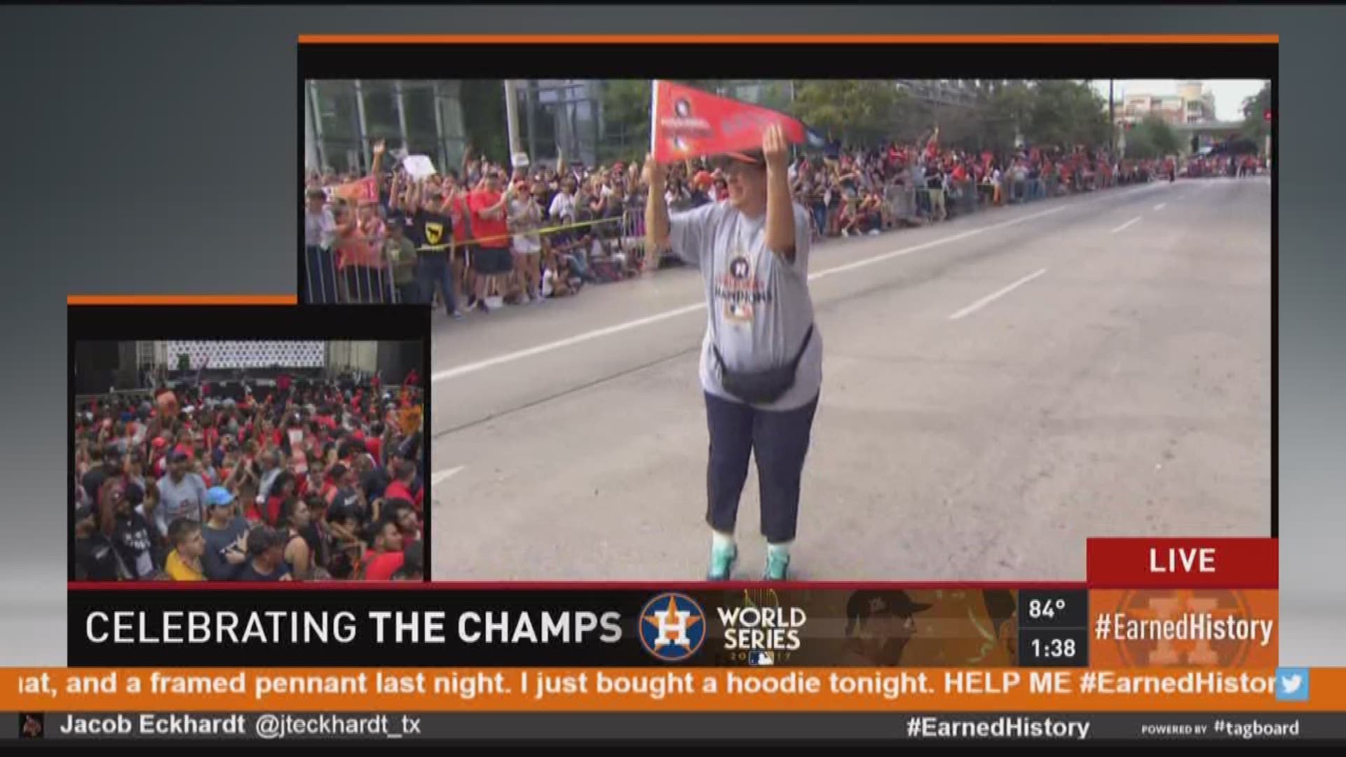 Before the parade even begins, Houston Astros fans lining the parade route are chanting for the team from opposite sides of the street.