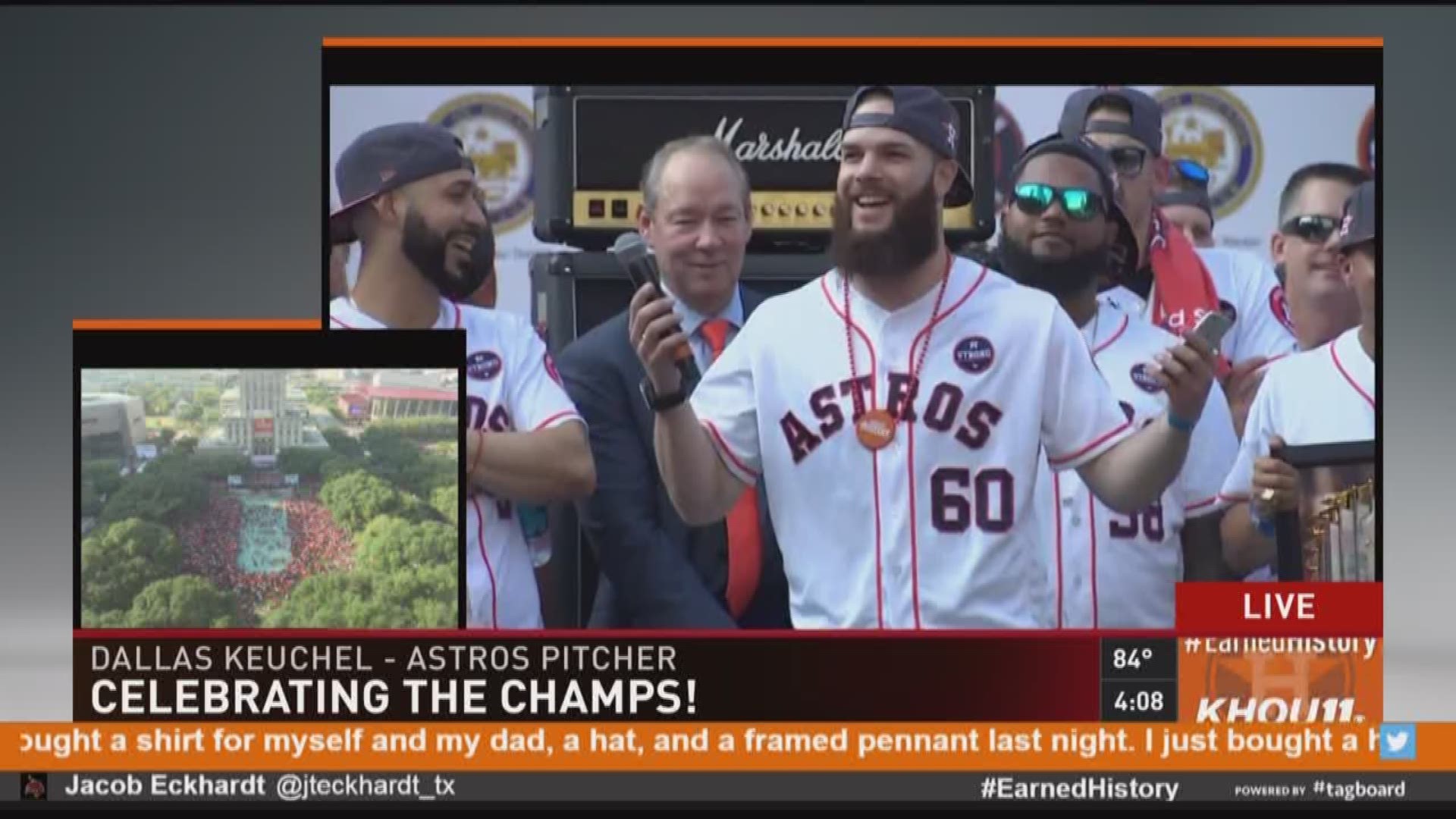 Houston Astros starter Dallas Keuchel spent his time on stage filming the crowd, asking fans to cheer for Justin Verlander, who wasn't at the parade on Friday.