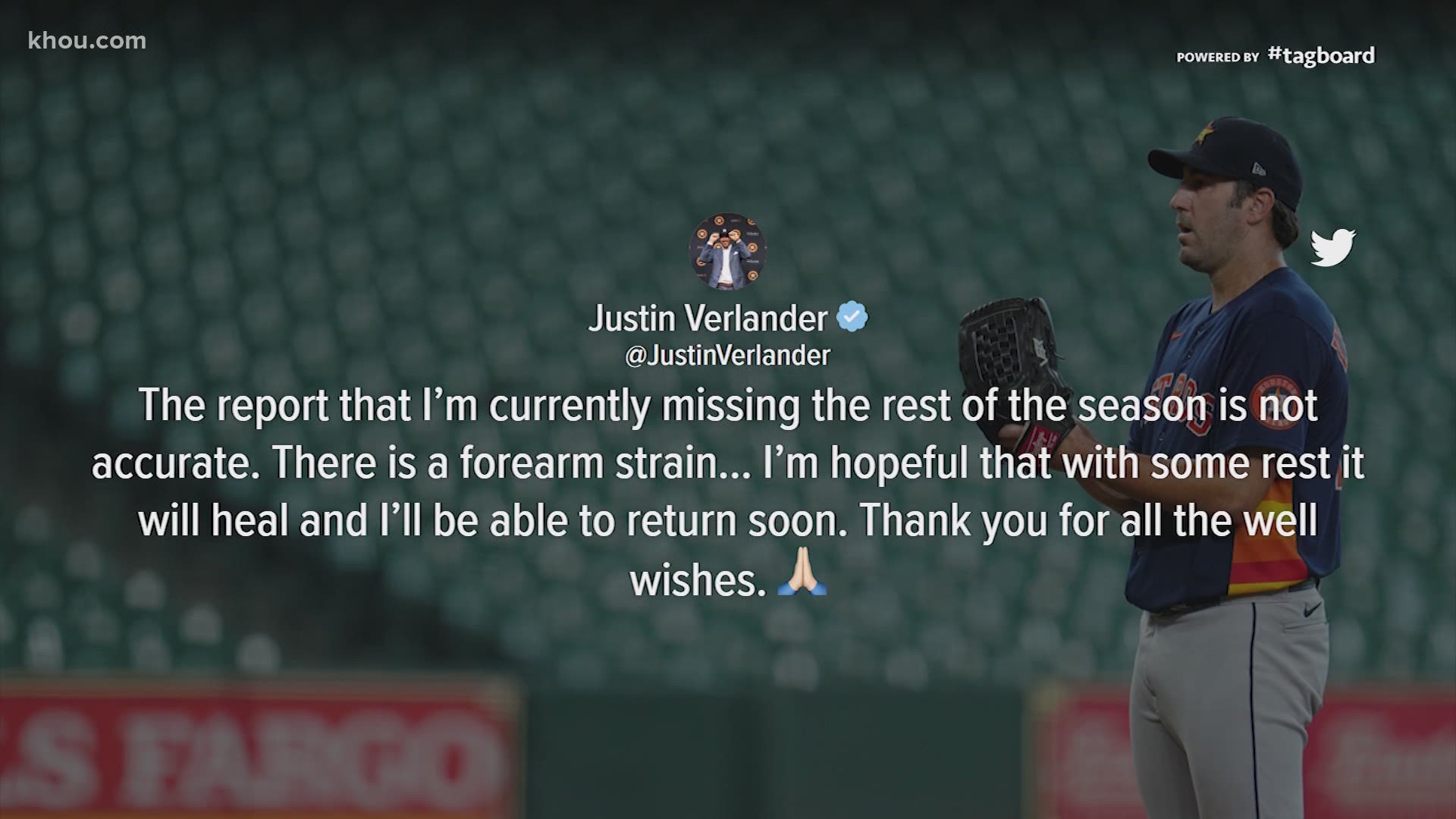 Astros ace Justin Verlander is being shut down for a "couple of weeks" with a forearm strain, according to manager Dusty Baker. He'll be re-evaluated after the rest