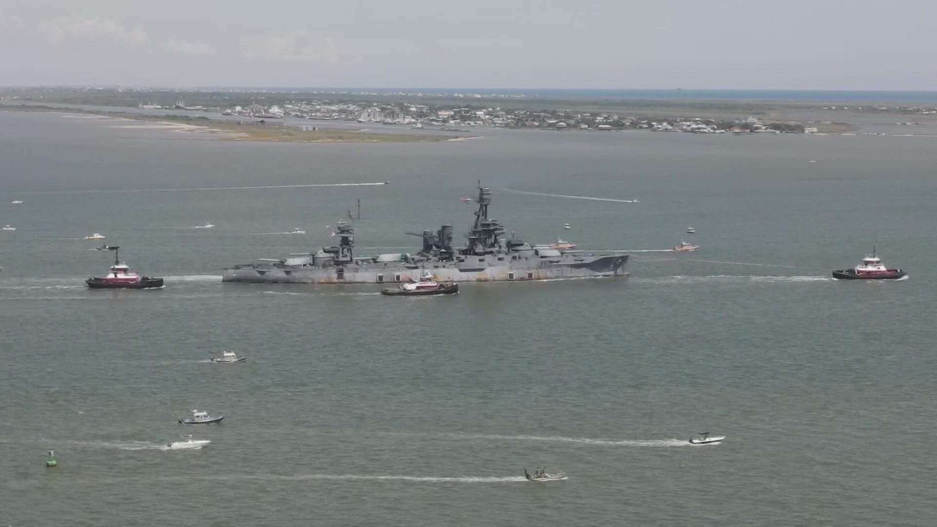 Battleship Texas is now docked in its temporary home after an 8-hour trip from La Porte to Galveston.