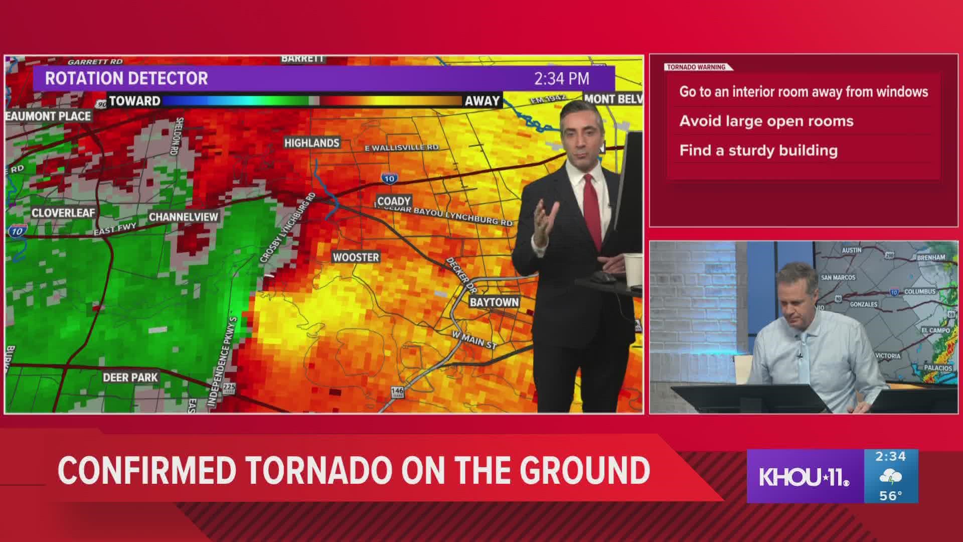 KHOU 11 meteorologists David Paul and Tim Pandajis tracked a tornado as it moved through the Houston area on Jan. 24, 2023.