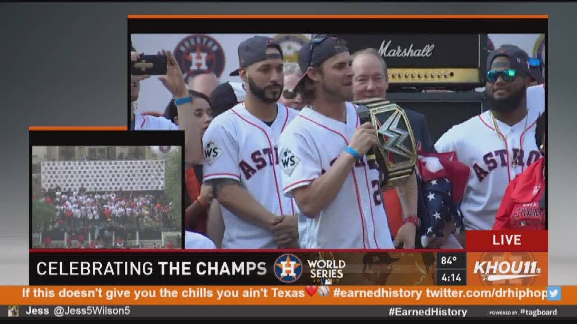 Houston Astros right fielder and WWE fan Josh Reddick channeled the Nature Boy Ric Flair while talking to the championship parade crowd.