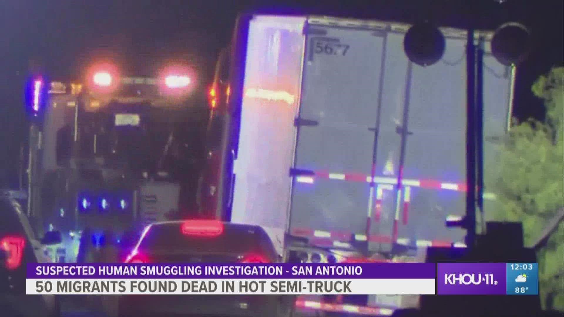 More than four dozen migrants were found dead in the back of an abandoned tractor trailer Monday in southwest San Antonio, officials confirmed.