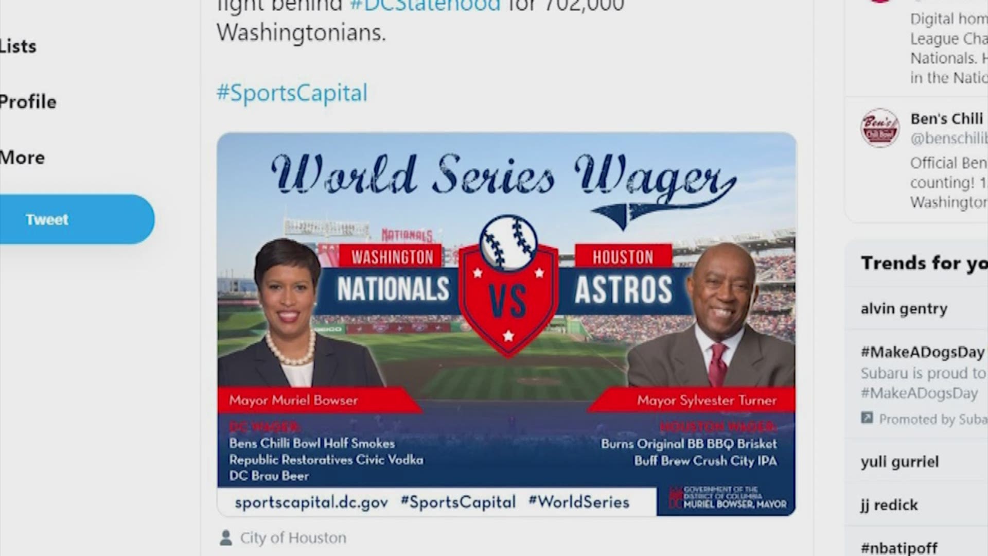 Mayor Turner has a friendly wager with the mayor of D.C. over the World Series.