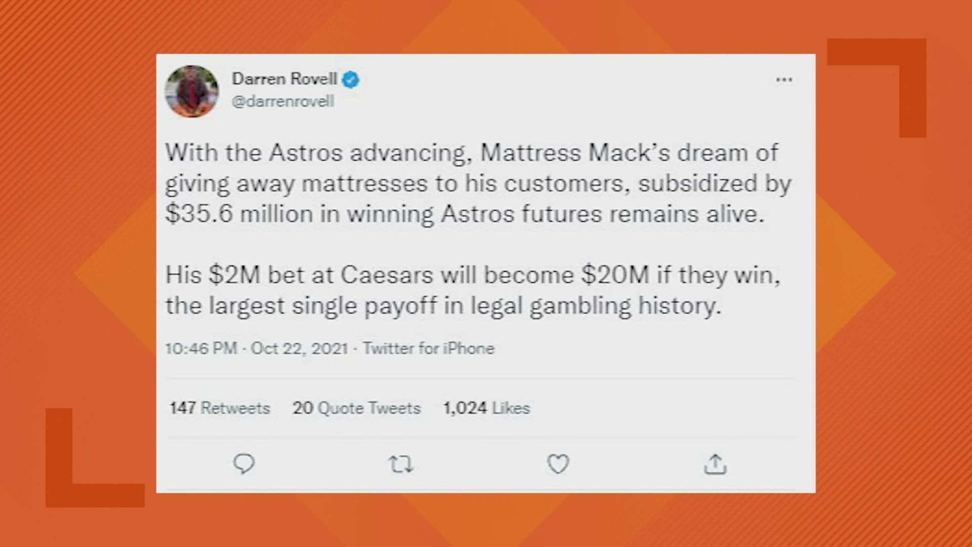 Mattress Mack has never been afraid to make a big splash when it comes to betting big on his hometown teams.