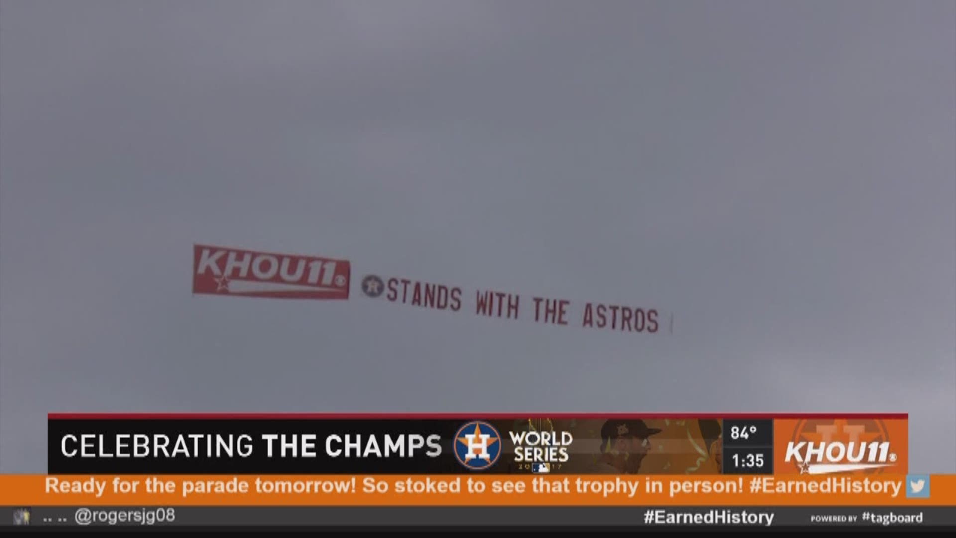 Watch for KHOU's banner plane flying over the Houston Astros World Series Championship Parade. The banner reads "KHOU STANDS WITH THE ASTROS."