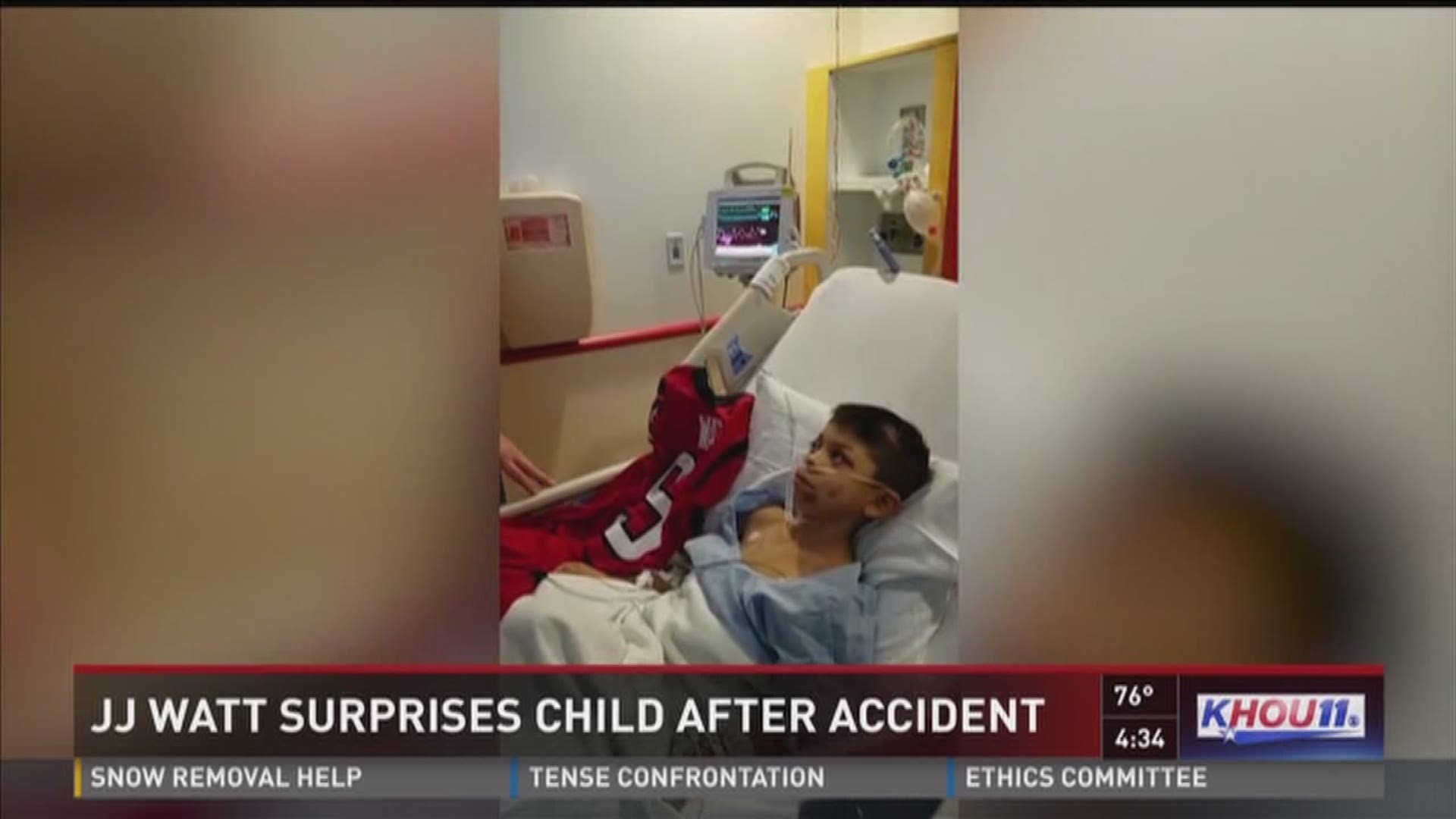 A young boy injured in a crash this weekend got a sweet surprise from Houston Texans star J.J. Watt on Tuesday.