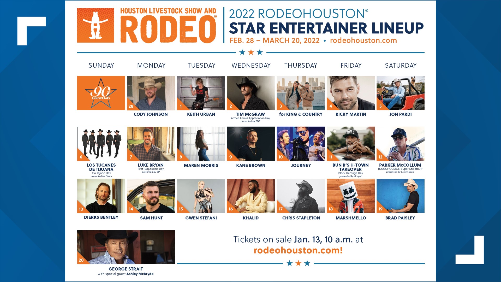 The Houston Livestock Show and Rodeo announced the full 2022 RodeoHouston entertainment lineup on Wednesday night.
