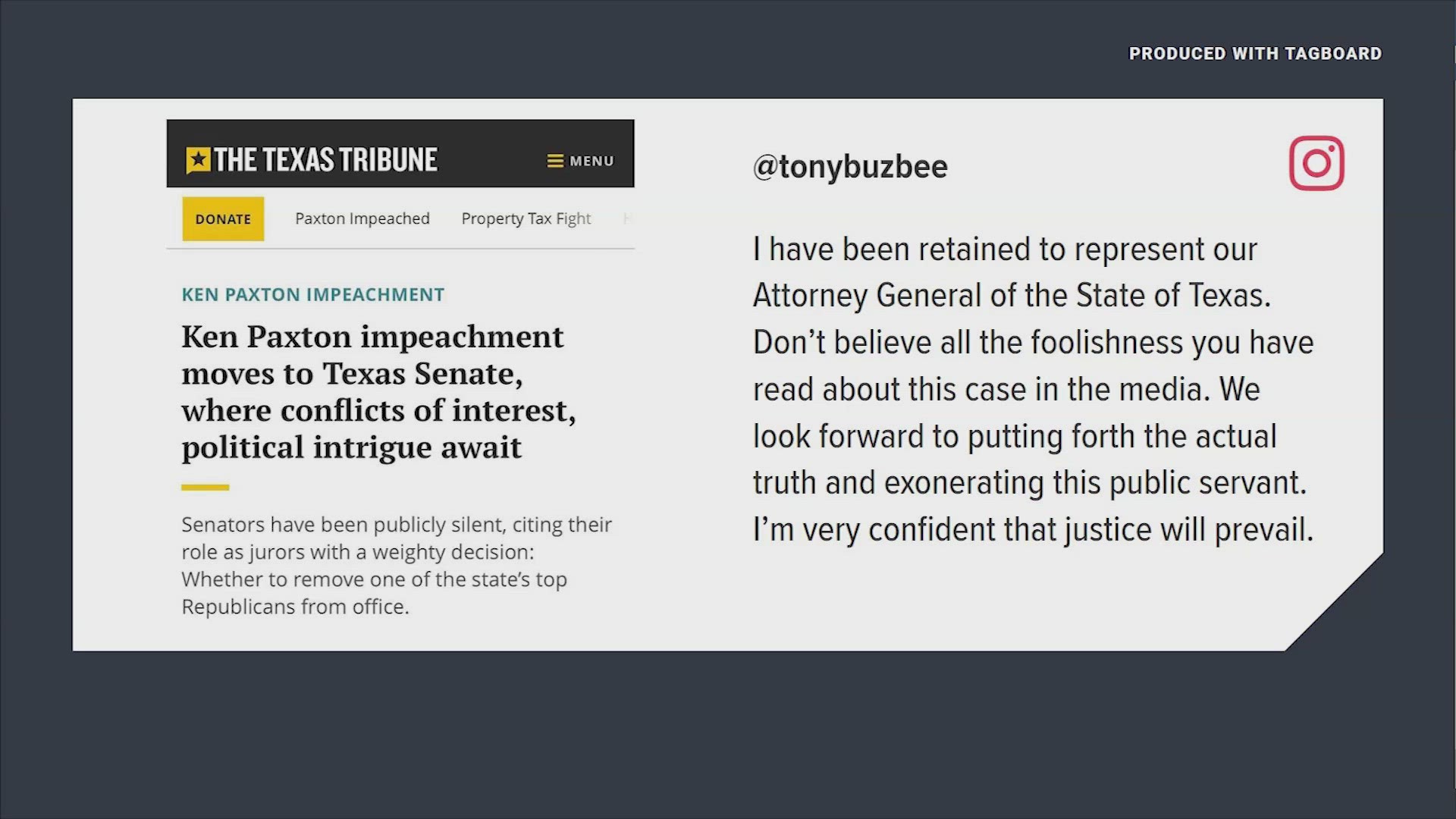 Houston attorney Tony Buzbee posted to Instagram Friday that he will be representing Ken Paxton in his impeachment trial but he then later deleted the post.