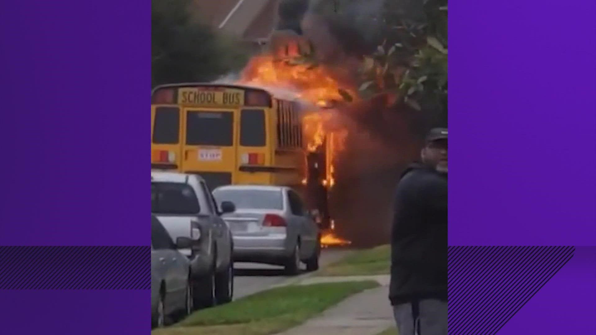 New video shows a Dickinson ISD school bus driver getting his kids and himself to safety moments before the bus burst into flames.