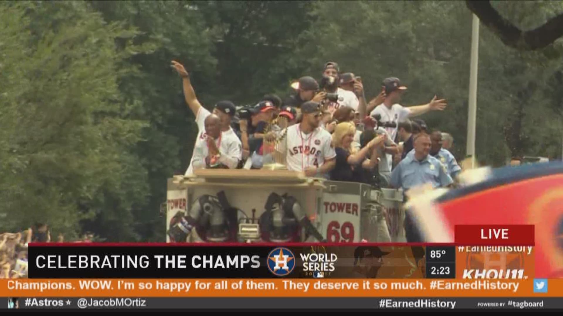 The Houston Astros World Series Championship Parade has officially begun and the players are waving to the fans.