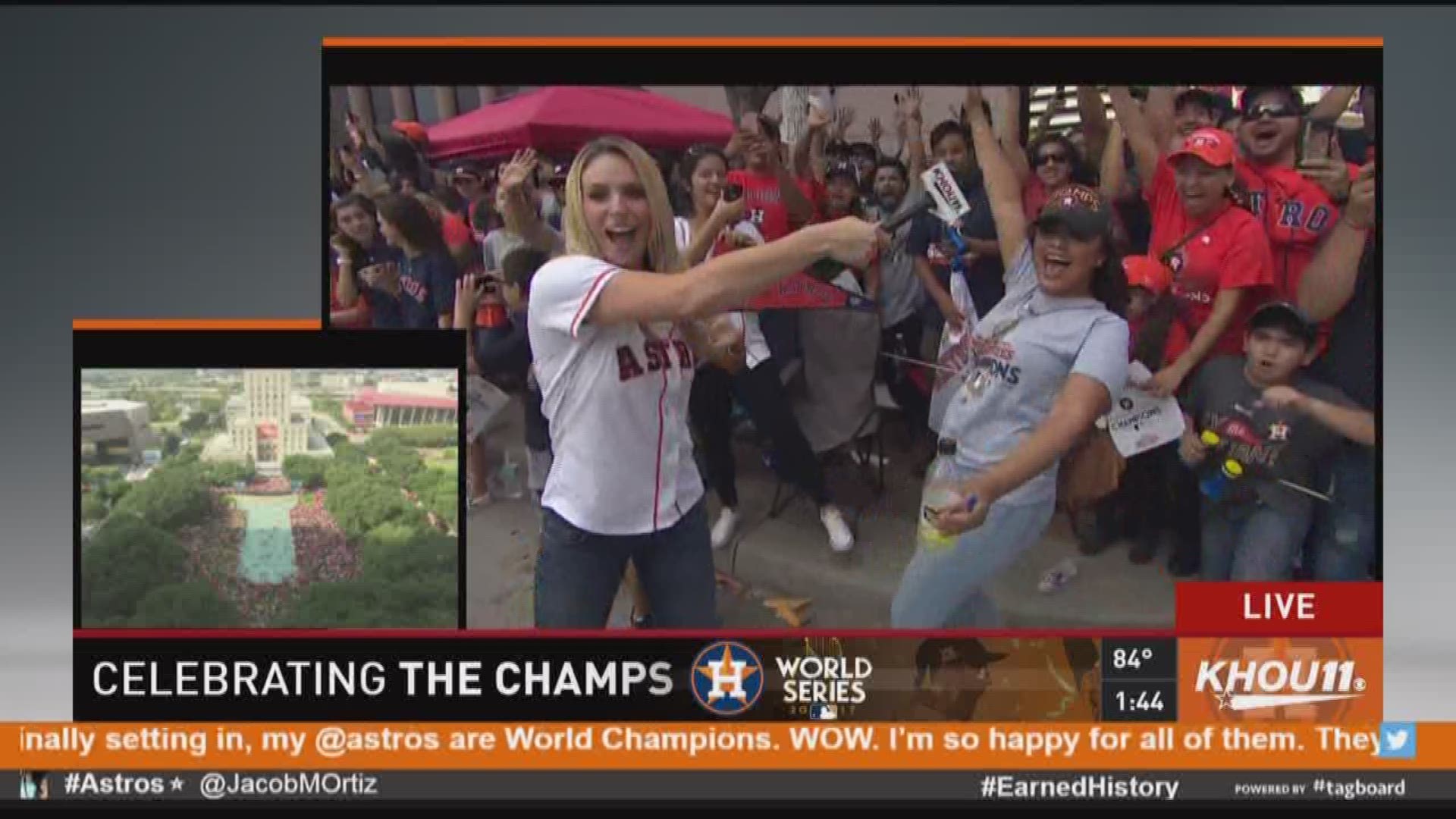 KHOU's Chita Craft talks to fans on the parade route that have been waiting for hours for the Houston Astros World Series Championship Parade.