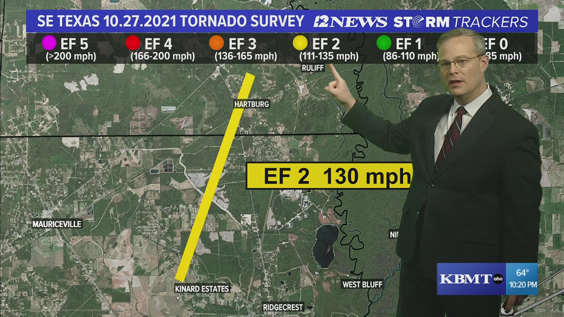 The National Weather Service has confirmed that three tornados, an EF 0 and two that were EF 2, touched down in Jefferson and Orange County on Wednesday.