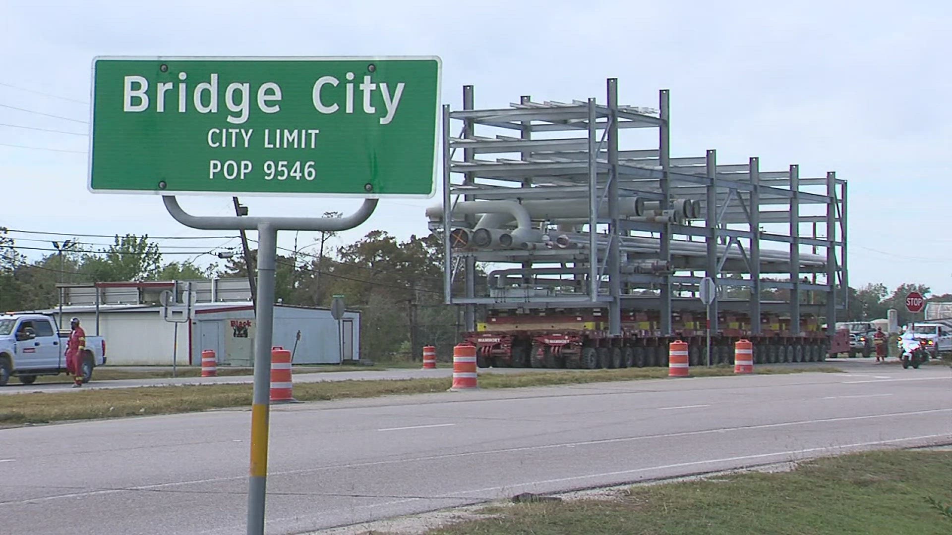 Large and oversized modules and equipment are brought in via barge on Cow Bayou and then moved just up the road to the site.