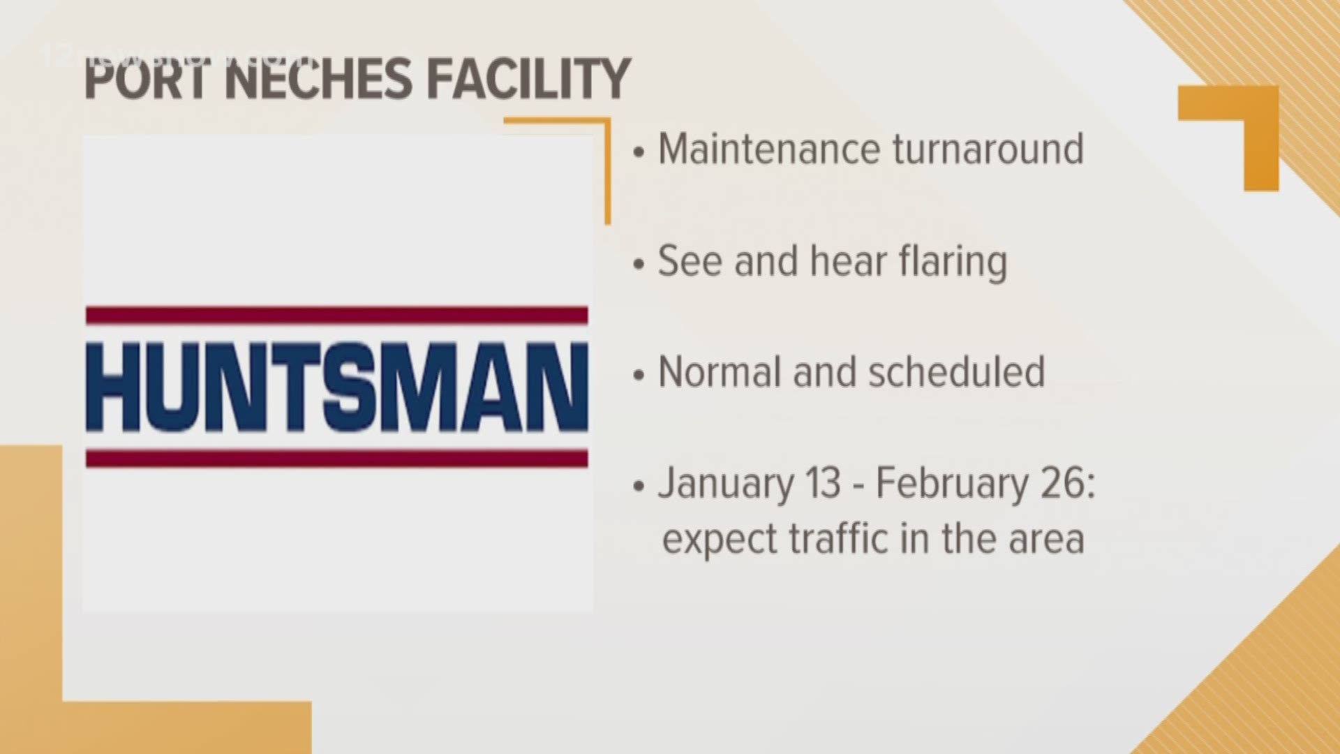 Huntsman Port Neches Operations facility is preparing for a ‘maintenance turnaround,” scheduled to last from Dec. 10, 2019 until Jan 12. 2020.
