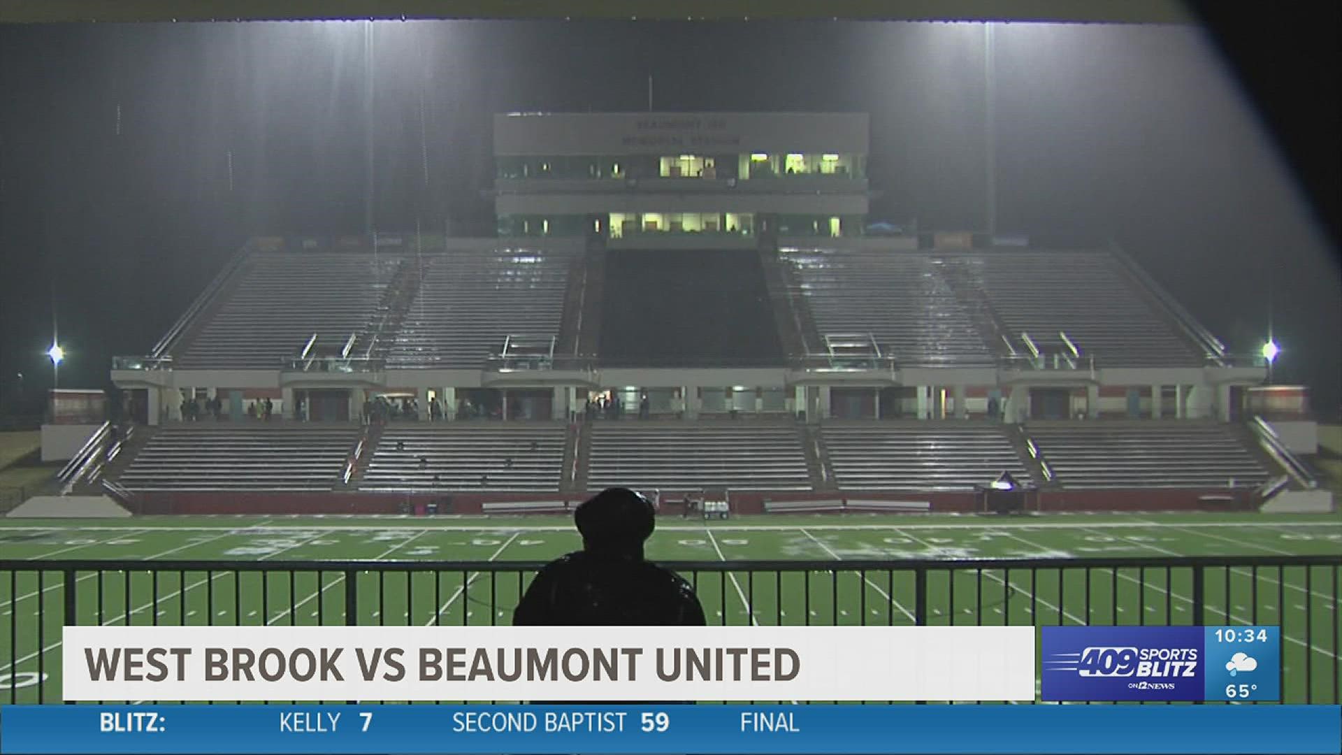 Following a 2 hour rain delay West Brook High School beats Beaumont United 20 7