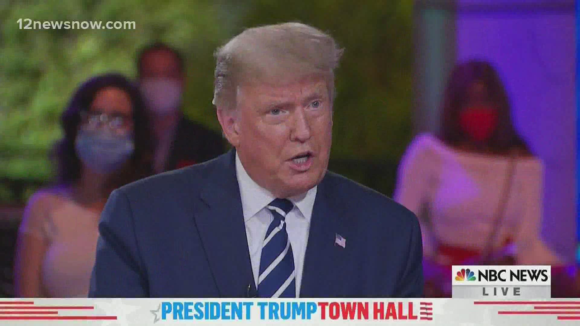 President Trump was asked whether he took a COVID-19 test the 1st day of the Democratic debate during an NBC town hall while Joe Biden talked at an ABC town hall.
