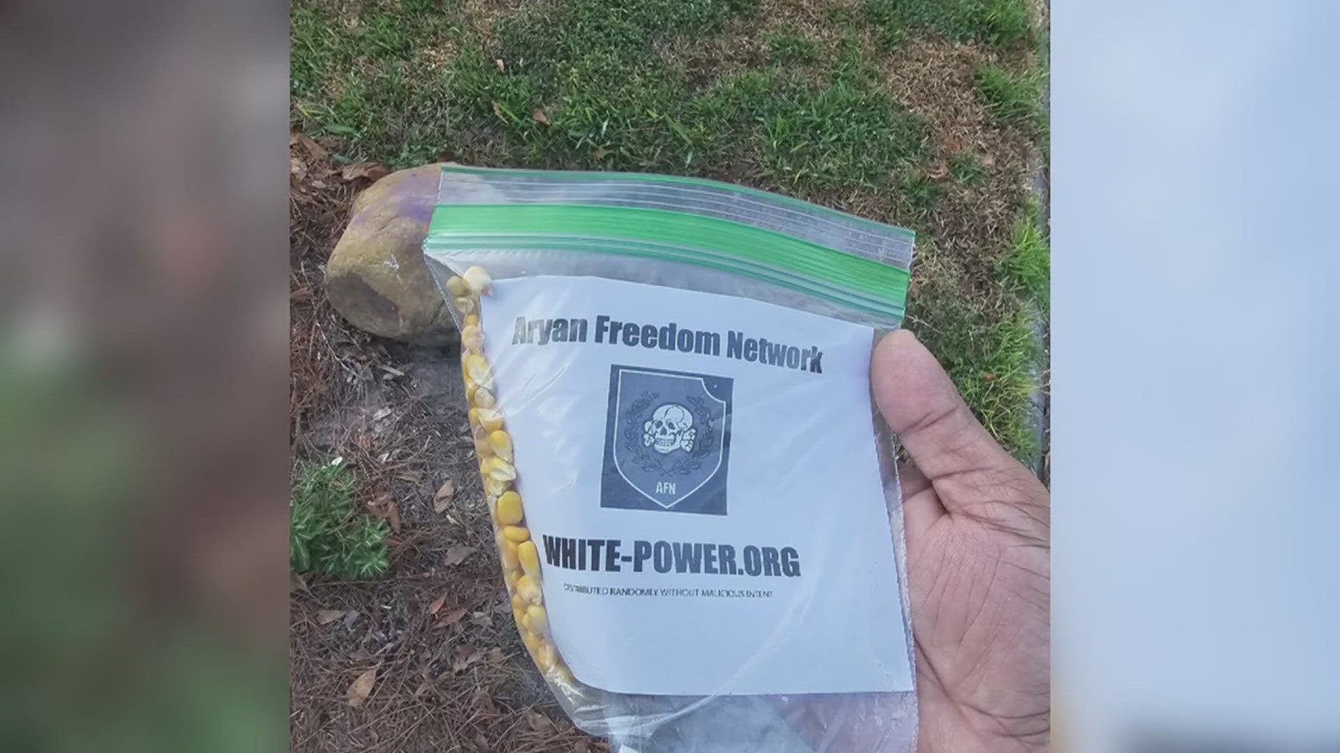 The fliers were found in bags filled with dry corn. They had the group's website and logo along with a message.