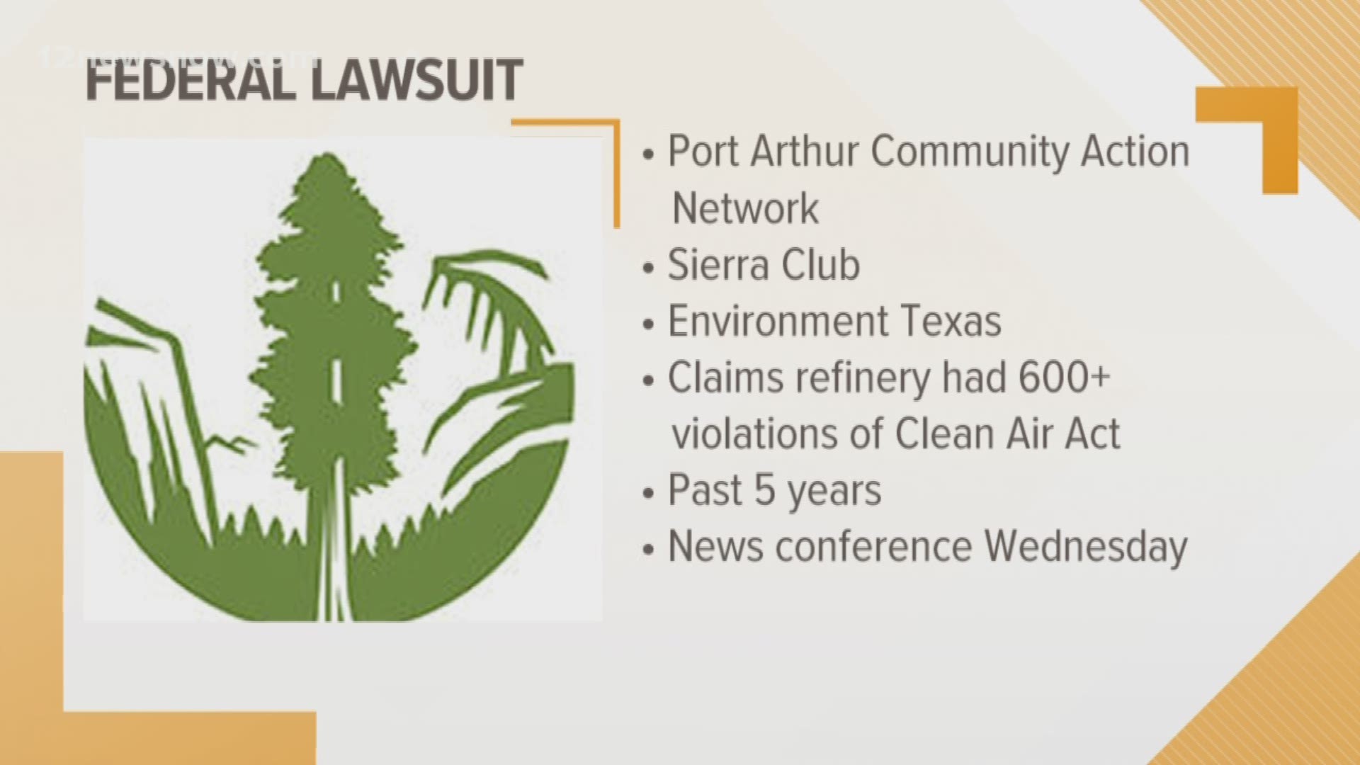 The Port Arthur "Community Action Network", the "Sierra Club" and the Environment Texas" all plan on filing the lawsuit. These violations have taken place over the last five years.