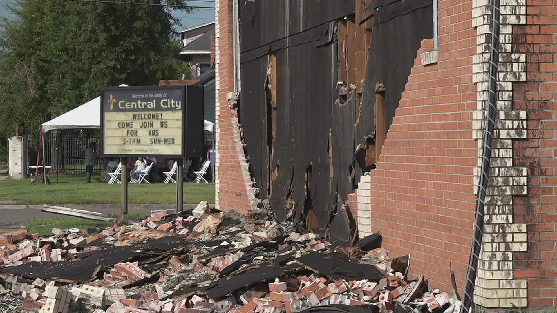 Members of the church aren’t giving up and met to worship Sunday morning in a tent next to the burned out remains of their church building.